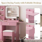 Coiffeuse GustoWave avec miroir et lumières, table de maquillage avec prises de courant, tiroirs et meuble de rangement, tabouret de rangement, coiffeuse pour chambre à coucher