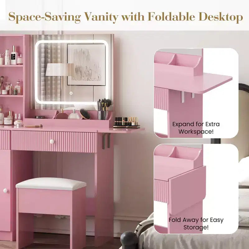 Coiffeuse GustoWave avec miroir et lumières, table de maquillage avec prises de courant, tiroirs et meuble de rangement, tabouret de rangement, coiffeuse pour chambre à coucher