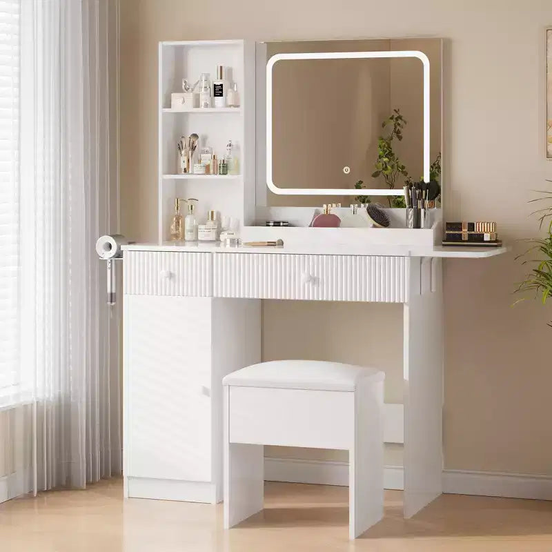 Coiffeuse GustoWave avec miroir et lumières, table de maquillage avec prises de courant, tiroirs et meuble de rangement, tabouret de rangement, coiffeuse pour chambre à coucher