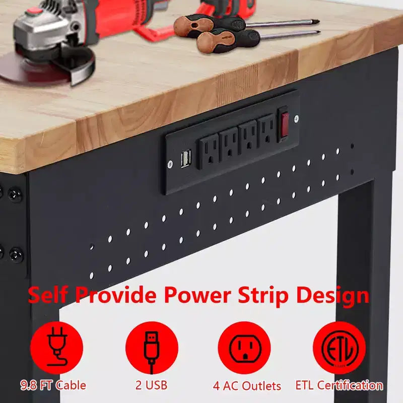 CuisinSmart Établi roulant réglable 48''x24'', établi robuste avec prises de courant, lumières, tiroir de rangement, panneau perforé, 30 crochets