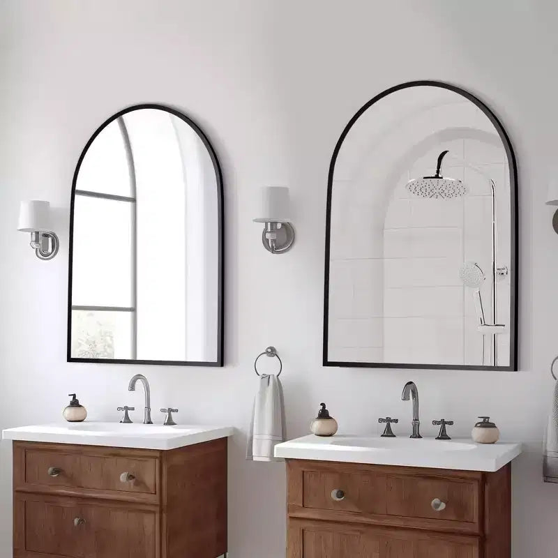 2 Pieces 31 In.H X 24 In.W Black Aluminum Alloy Thin Edge Right Angle Arched Hanging Mirror Frame Wall Mirror