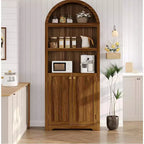 Acekool 72 Tall Arched Wood Storage Cabinet, 5-Tier Kitchen Pantry & Bookcase with Doors and Shelves, Walnut, for Living Room, Kitchen, Study