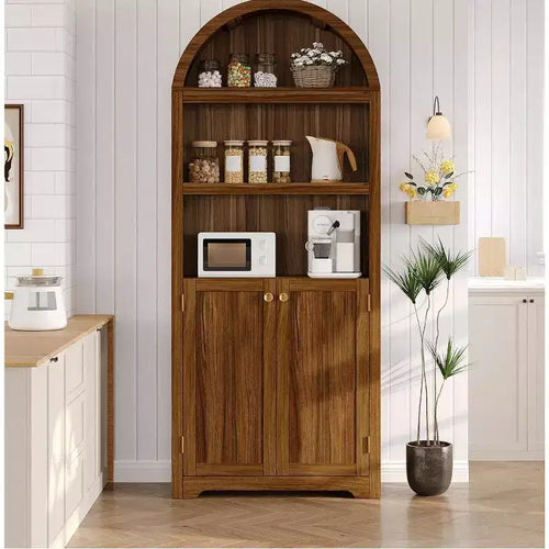 Acekool 72 Tall Arched Wood Storage Cabinet, 5-Tier Kitchen Pantry & Bookcase with Doors and Shelves, Walnut, for Living Room, Kitchen, Study