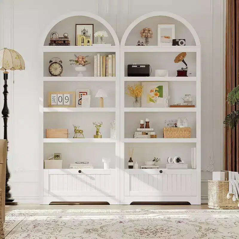 Acekool Meuble de rangement en bois arqué de 183 cm, buffet de cuisine et bibliothèque à 5 niveaux avec portes et étagères, noyer, pour salon, cuisine, bureau