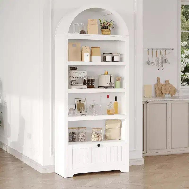 Acekool Meuble de rangement en bois arqué de 183 cm, buffet de cuisine et bibliothèque à 5 niveaux avec portes et étagères, noyer, pour salon, cuisine, bureau