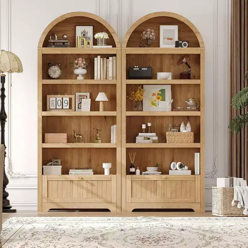 Acekool Meuble de rangement en bois arqué de 183 cm, buffet de cuisine et bibliothèque à 5 niveaux avec portes et étagères, noyer, pour salon, cuisine, bureau