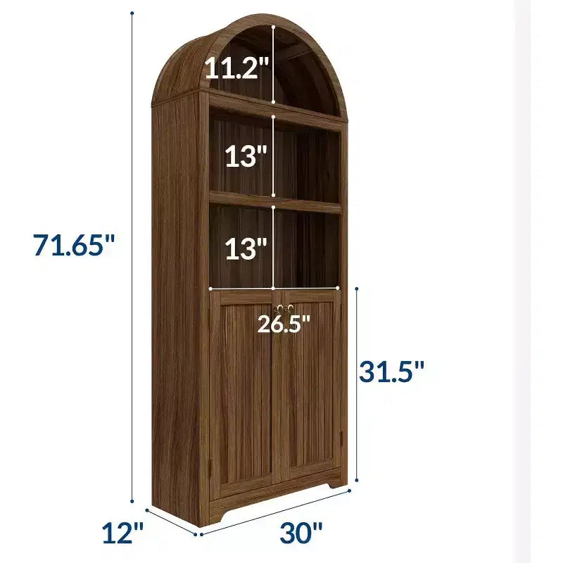 Acekool Meuble de rangement en bois arqué de 183 cm, buffet de cuisine et bibliothèque à 5 niveaux avec portes et étagères, noyer, pour salon, cuisine, bureau