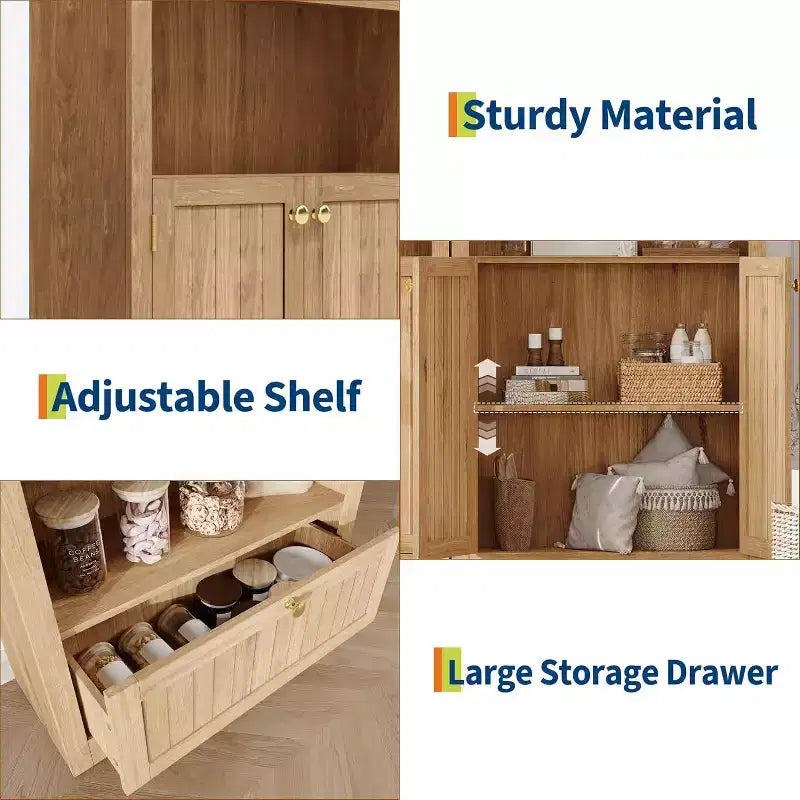 Acekool Meuble de rangement en bois arqué de 183 cm, buffet de cuisine et bibliothèque à 5 niveaux avec portes et étagères, noyer, pour salon, cuisine, bureau