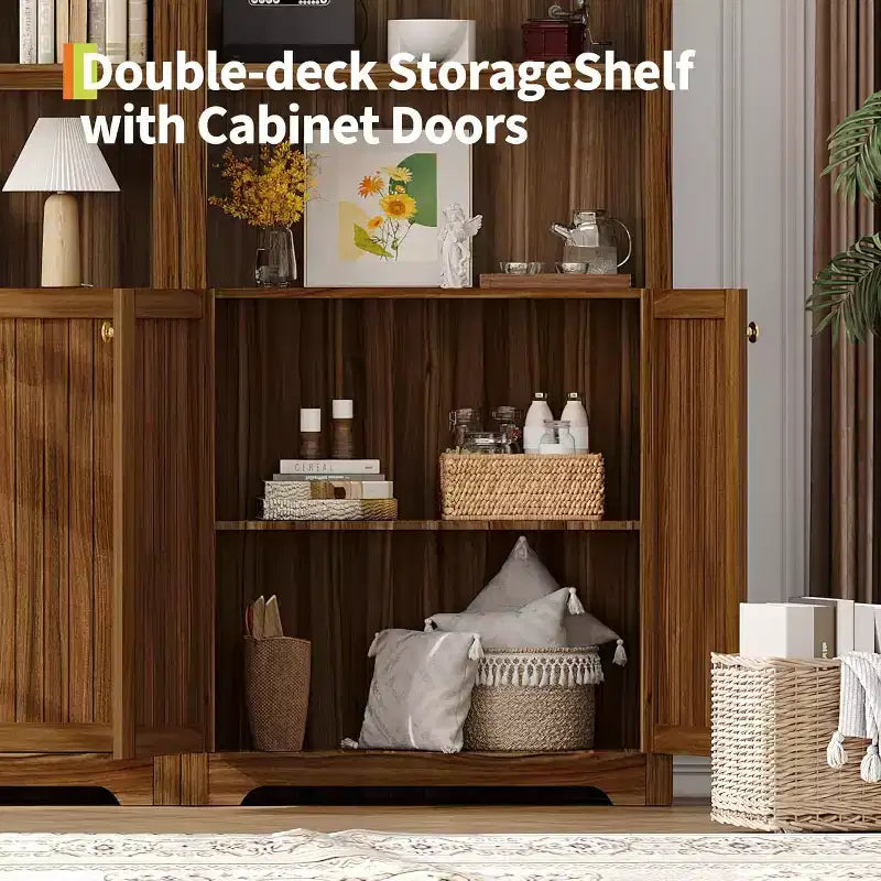 Acekool Meuble de rangement en bois arqué de 183 cm, buffet de cuisine et bibliothèque à 5 niveaux avec portes et étagères, noyer, pour salon, cuisine, bureau