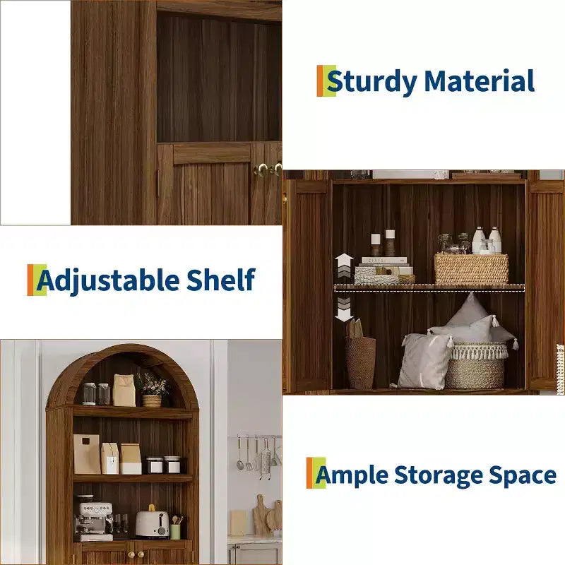 Acekool Meuble de rangement en bois arqué de 183 cm, buffet de cuisine et bibliothèque à 5 niveaux avec portes et étagères, noyer, pour salon, cuisine, bureau