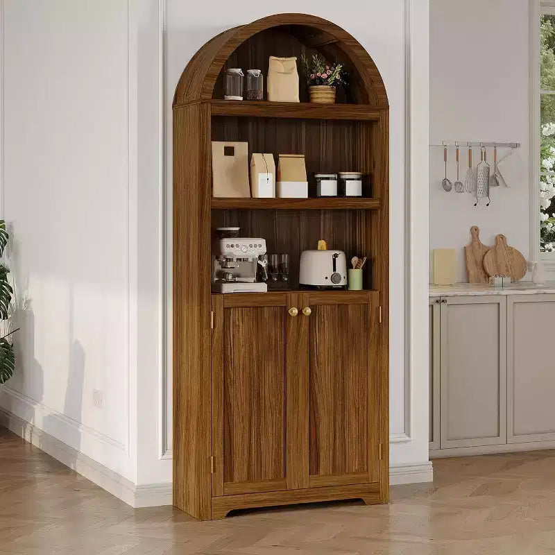 Acekool Meuble de rangement en bois arqué de 183 cm, buffet de cuisine et bibliothèque à 5 niveaux avec portes et étagères, noyer, pour salon, cuisine, bureau