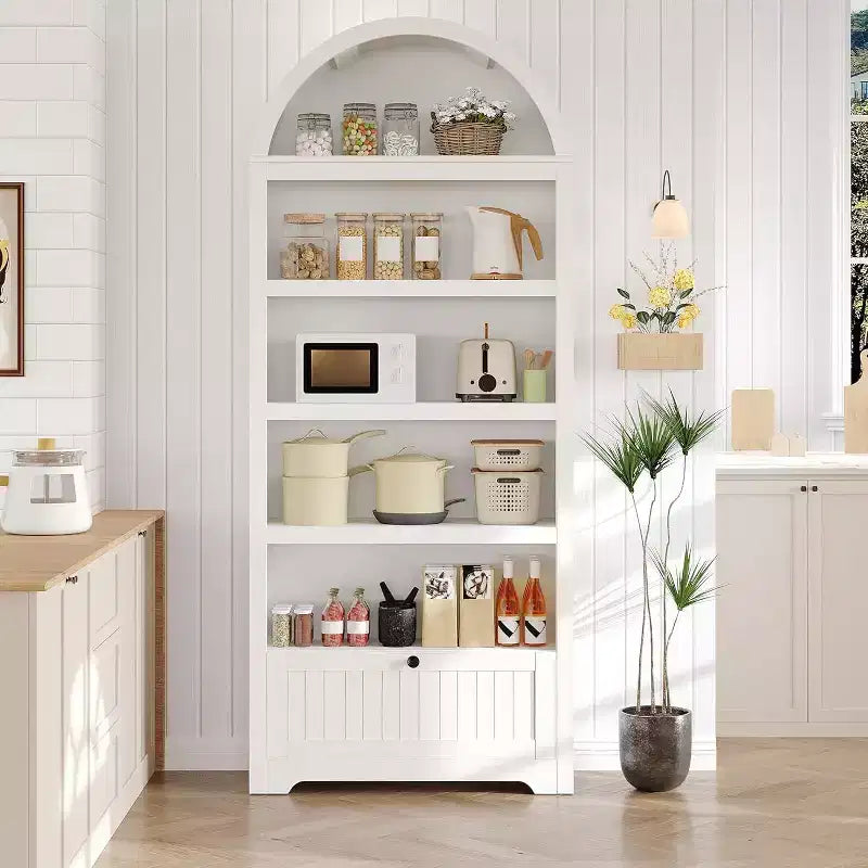 Acekool Meuble de rangement en bois arqué de 183 cm, buffet de cuisine et bibliothèque à 5 niveaux avec portes et étagères, noyer, pour salon, cuisine, bureau