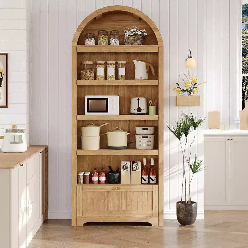 Acekool Meuble de rangement en bois arqué de 183 cm, buffet de cuisine et bibliothèque à 5 niveaux avec portes et étagères, noyer, pour salon, cuisine, bureau