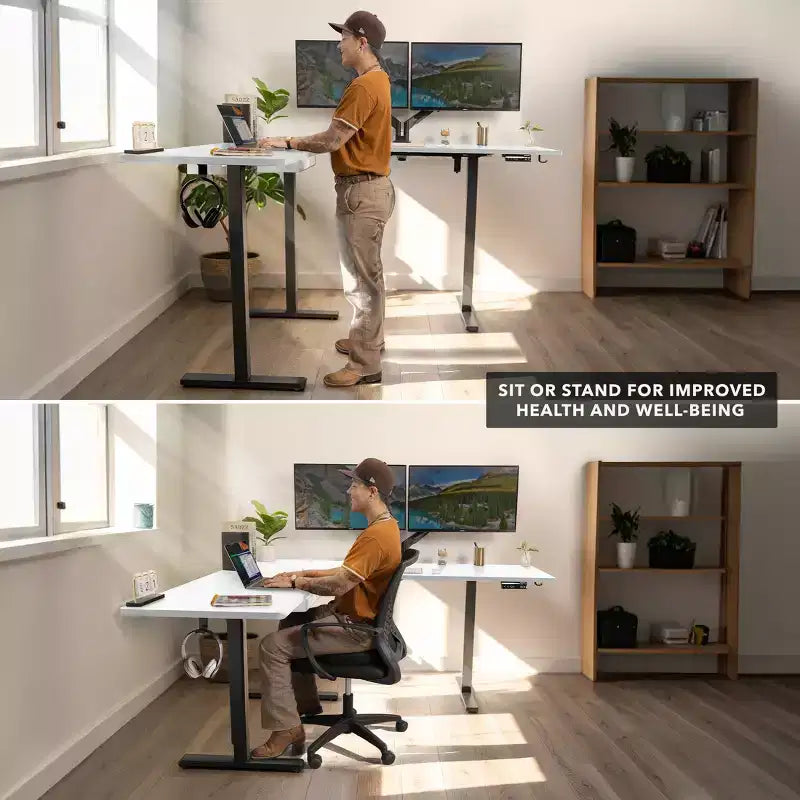 Mount-It! Bureau d'angle électrique réglable en hauteur XL, cadre noir et plateau blanc