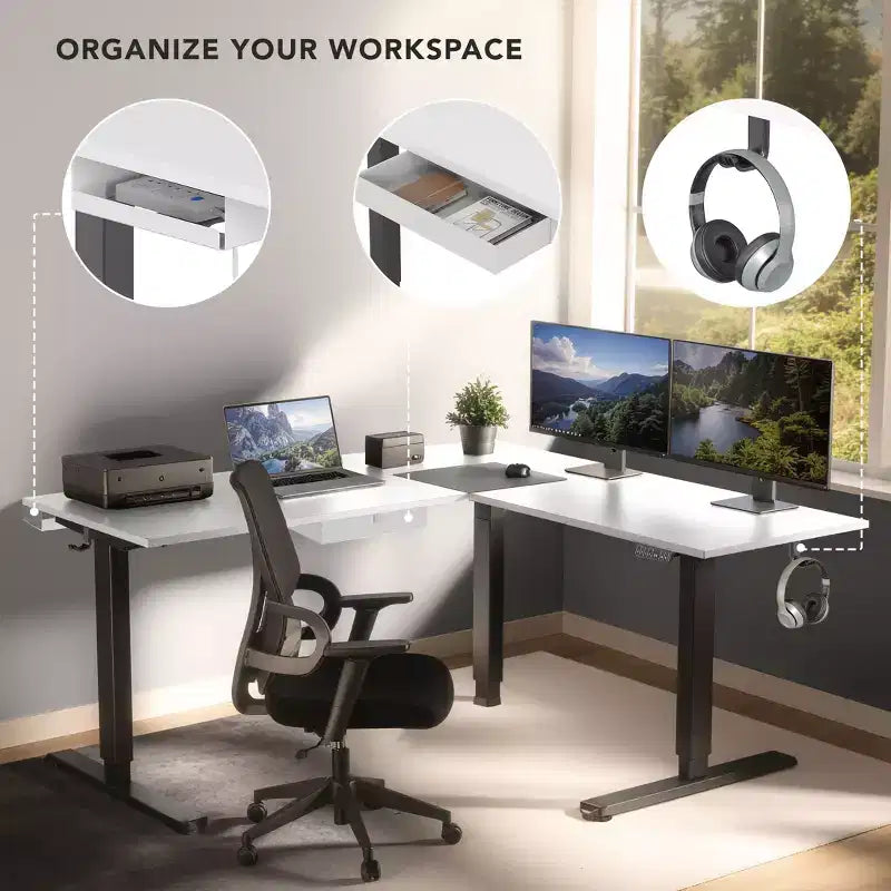Mount-It! Bureau d'angle électrique réglable en hauteur XL, cadre noir et plateau blanc