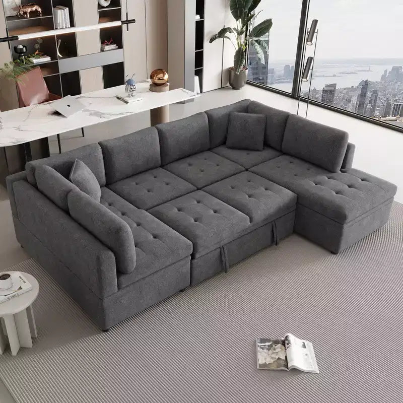 CLIHOME 117.3 Canapé d'angle surdimensionné en U avec canapé-lit escamotable et deux coussins pour le salon