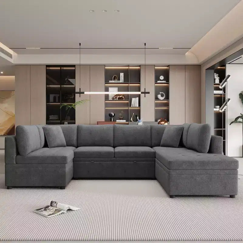 CLIHOME 117.3 Canapé d'angle surdimensionné en U avec canapé-lit escamotable et deux coussins pour le salon