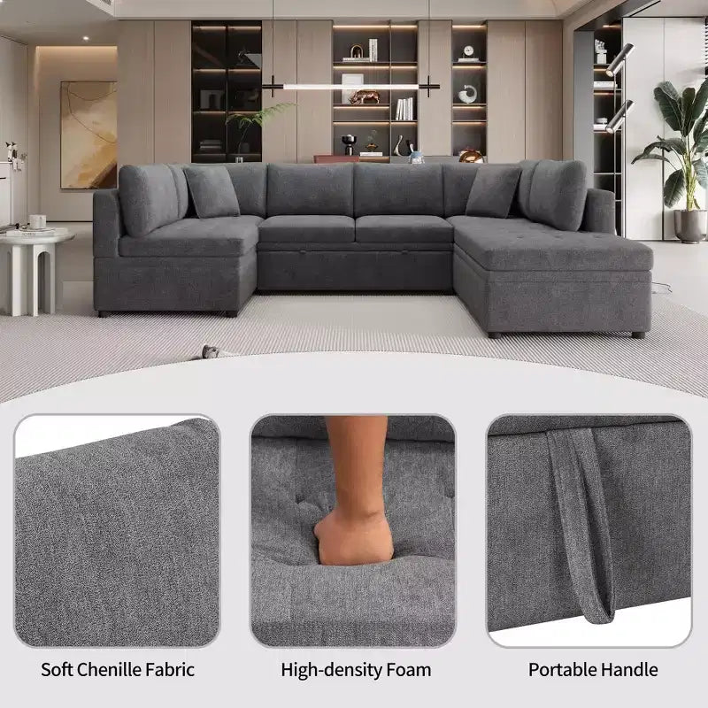 CLIHOME 117.3 Canapé d'angle surdimensionné en U avec canapé-lit escamotable et deux coussins pour le salon
