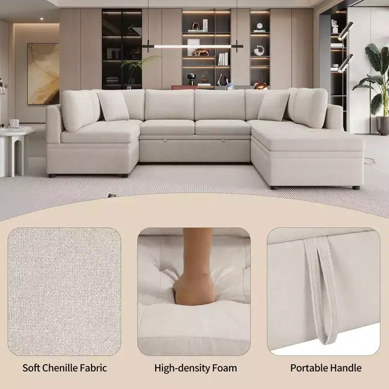 CLIHOME 117.3 Canapé d'angle surdimensionné en U avec canapé-lit escamotable et deux coussins pour le salon