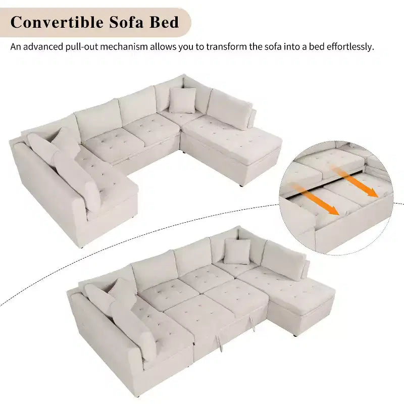 CLIHOME 117.3 Canapé d'angle surdimensionné en U avec canapé-lit escamotable et deux coussins pour le salon