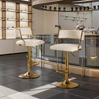 Tabouret de bar réglable Karl en velours côtelé crème avec base dorée