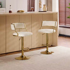 Tabouret de bar réglable Karl en velours côtelé crème avec base dorée