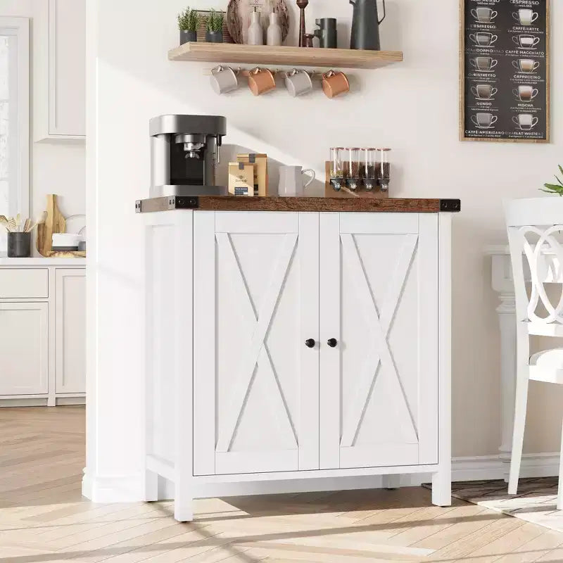 Lot de 2 armoires de rangement de style ferme avec 2 portes et étagères réglables, buffet pour salon, salle à manger, entrée, blanc + marron