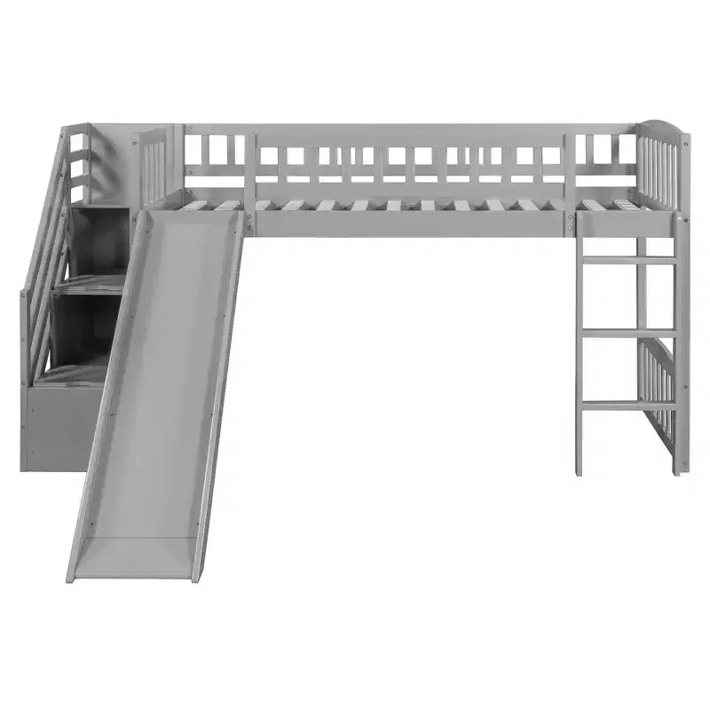 Lit mezzanine bas pour enfants avec escalier, toboggan et tiroirs en bois, taille double