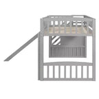 Lit mezzanine bas pour enfants avec escalier, toboggan et tiroirs en bois, taille double