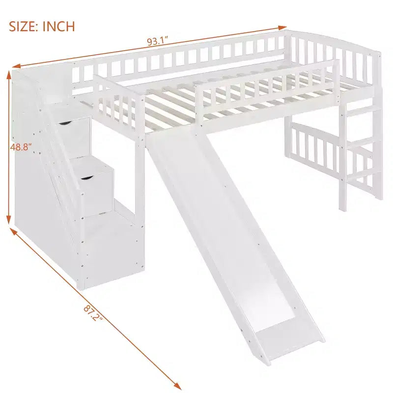 Lit mezzanine bas pour enfants avec escalier, toboggan et tiroirs en bois, taille double