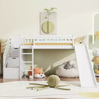 Lit mezzanine bas pour enfants avec escalier, toboggan et tiroirs en bois, taille double