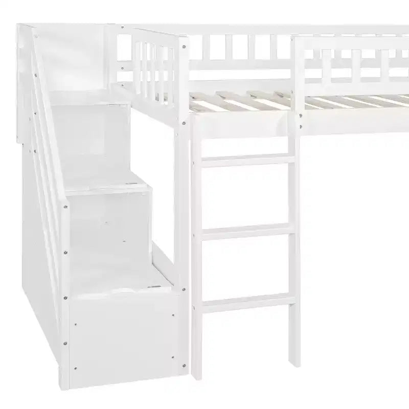 Lit mezzanine bas pour enfants avec escalier, toboggan et tiroirs en bois, taille double