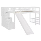 Lit mezzanine bas pour enfants avec escalier, toboggan et tiroirs en bois, taille double
