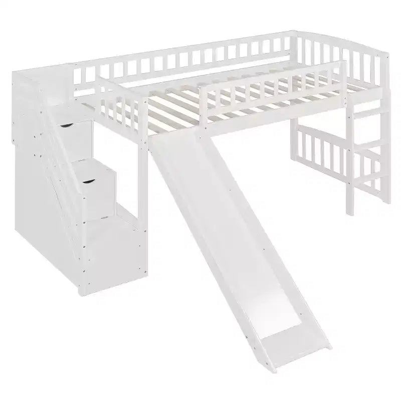 Lit mezzanine bas pour enfants avec escalier, toboggan et tiroirs en bois, taille double