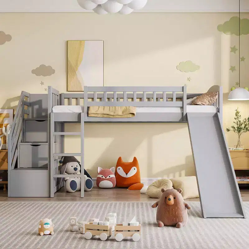 Lit mezzanine bas pour enfants avec escalier, toboggan et tiroirs en bois, taille double