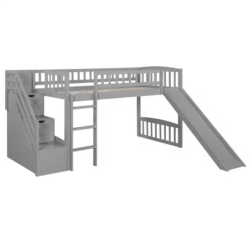 Lit mezzanine bas pour enfants avec escalier, toboggan et tiroirs en bois, taille double