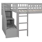 Lit mezzanine bas pour enfants avec escalier, toboggan et tiroirs en bois, taille double