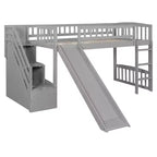 Lit mezzanine bas pour enfants avec escalier, toboggan et tiroirs en bois, taille double