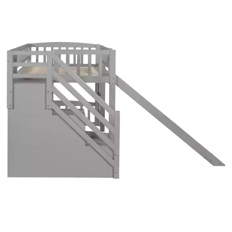 Lit mezzanine bas pour enfants avec escalier, toboggan et tiroirs en bois, taille double