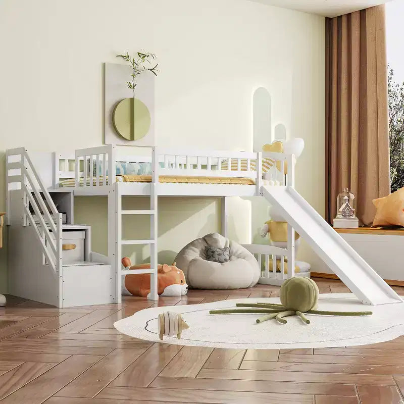 Lit mezzanine bas pour enfants avec escalier, toboggan et tiroirs en bois, taille double