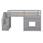 Lit mezzanine bas double avec escalier de rangement et fenêtre, cadre de lit mezzanine double en bois avec espace sous le lit pour enfants et adolescents