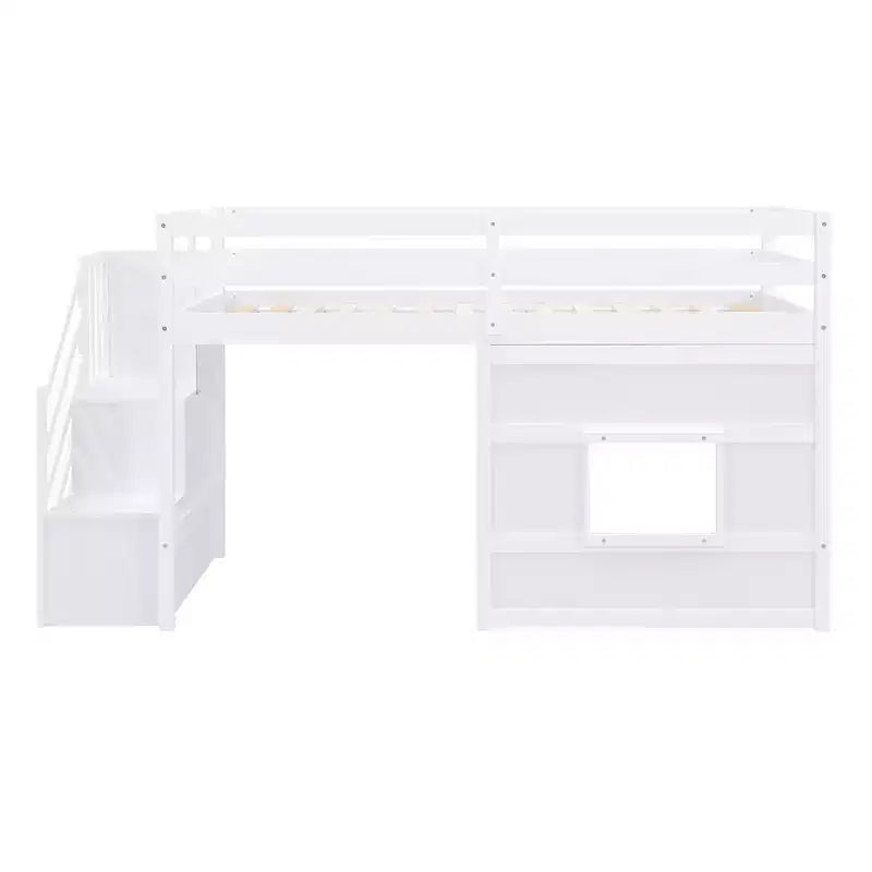 Lit mezzanine bas double avec escalier de rangement et fenêtre, cadre de lit mezzanine double en bois avec espace sous le lit pour enfants et adolescents
