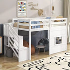Lit mezzanine bas double avec escalier de rangement et fenêtre, cadre de lit mezzanine double en bois avec espace sous le lit pour enfants et adolescents