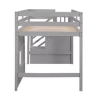Lit mezzanine bas double avec escalier de rangement et fenêtre, cadre de lit mezzanine double en bois avec espace sous le lit pour enfants et adolescents