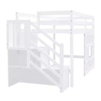 Lit mezzanine bas double avec escalier de rangement et fenêtre, cadre de lit mezzanine double en bois avec espace sous le lit pour enfants et adolescents