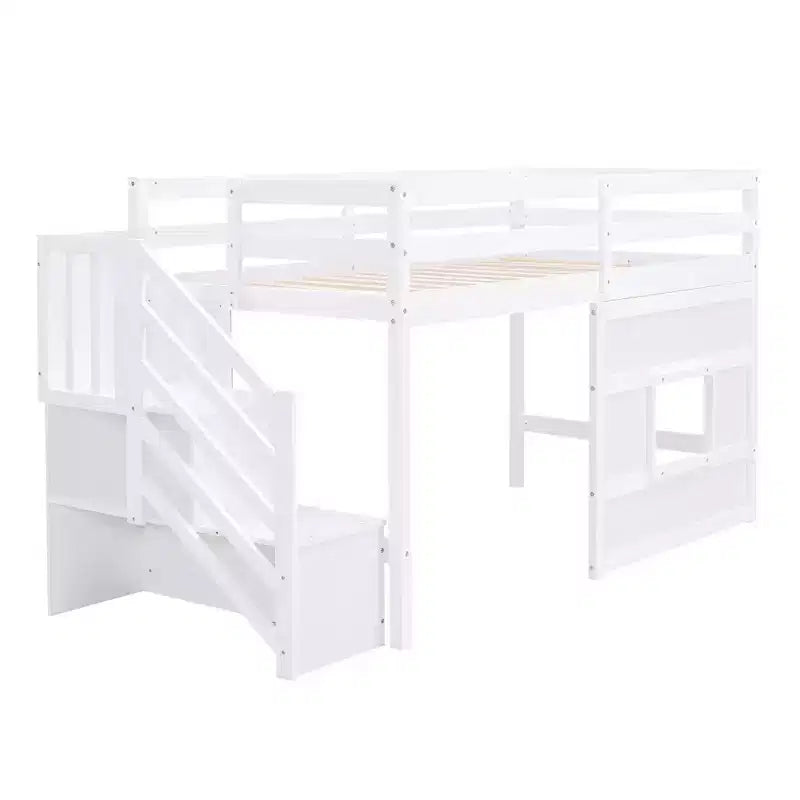 Lit mezzanine bas double avec escalier de rangement et fenêtre, cadre de lit mezzanine double en bois avec espace sous le lit pour enfants et adolescents