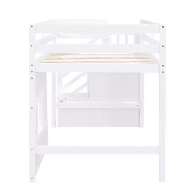 Lit mezzanine bas double avec escalier de rangement et fenêtre, cadre de lit mezzanine double en bois avec espace sous le lit pour enfants et adolescents