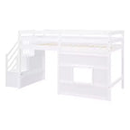 Lit mezzanine bas double avec escalier de rangement et fenêtre, cadre de lit mezzanine double en bois avec espace sous le lit pour enfants et adolescents
