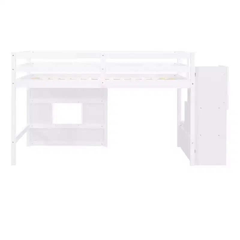 Lit mezzanine bas double avec escalier de rangement et fenêtre, cadre de lit mezzanine double en bois avec espace sous le lit pour enfants et adolescents