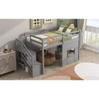 Lit mezzanine bas double avec escalier de rangement et fenêtre, cadre de lit mezzanine double en bois avec espace sous le lit pour enfants et adolescents
